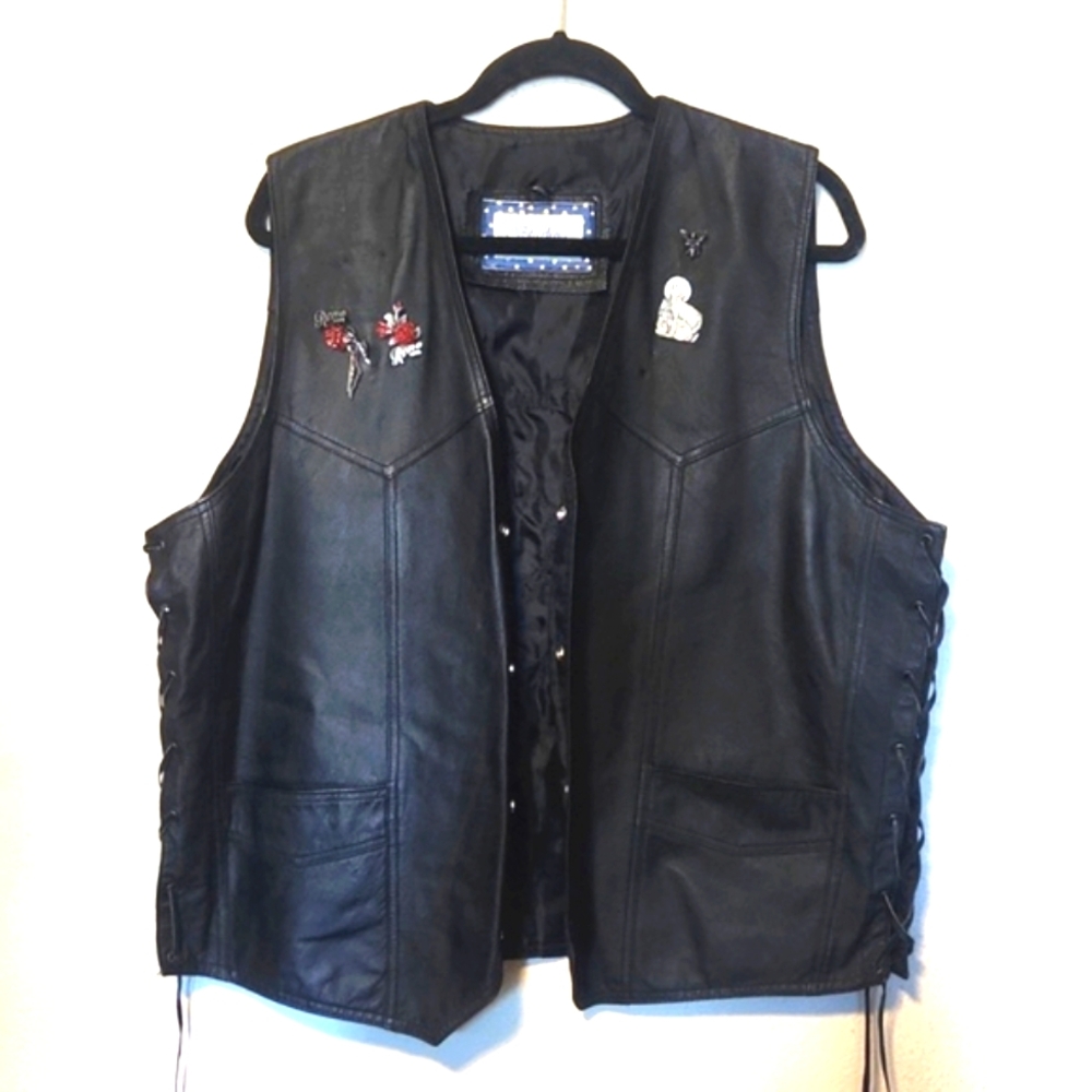 Vintage Starling Black Leather Lady Rider Motorcycle Vest + Pins XL